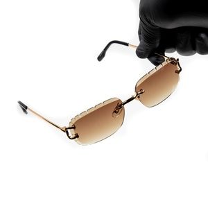 Mens Brown Tint Rimless Diamond Cut Carved Lens Gold Frame Hip Hop Sunglasses
